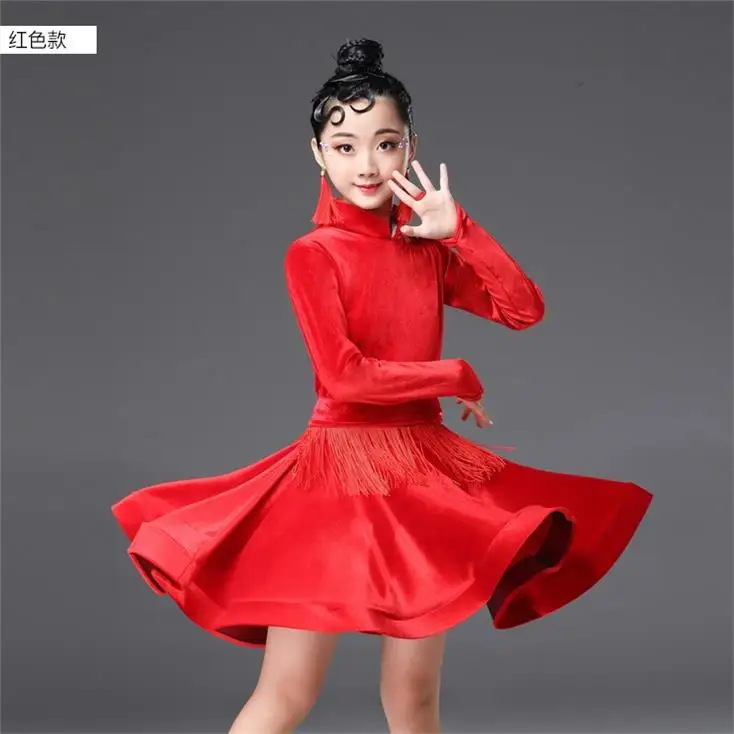 Red cheongsam collar Детский костюм для латинских танцев; весенне-осеннее платье с кисточками и длинными рукавами для латинских танцев; Одежда для танцев для девочек-подростков; GDR742 - Цвет: Red cheongsam collar