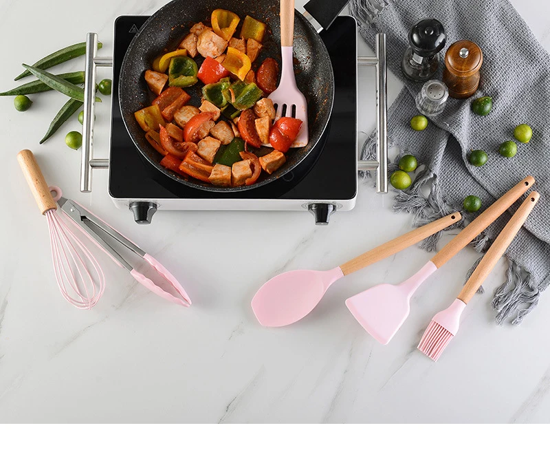 Pink Cooking Kitchenware Tool Silicone Utensils With Wooden Multifunction Handle Non-Stick Spatula Ladle Egg Beaters Shovel