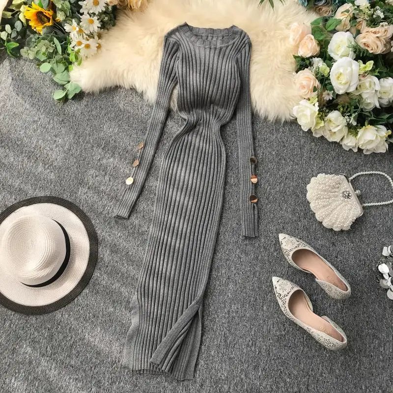 Серый ALPHALMODA французское платье Популярные пуговицы рукав пуловеры туника платье вязаный свитер платье сплошное v-образным вырезом сексуальное платье шаг - Цвет: Серый
