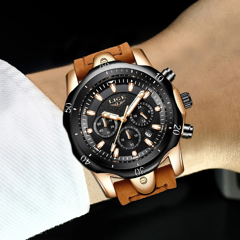 Часы наручные LIGE Мужские кварцевые брендовые Роскошные спортивные