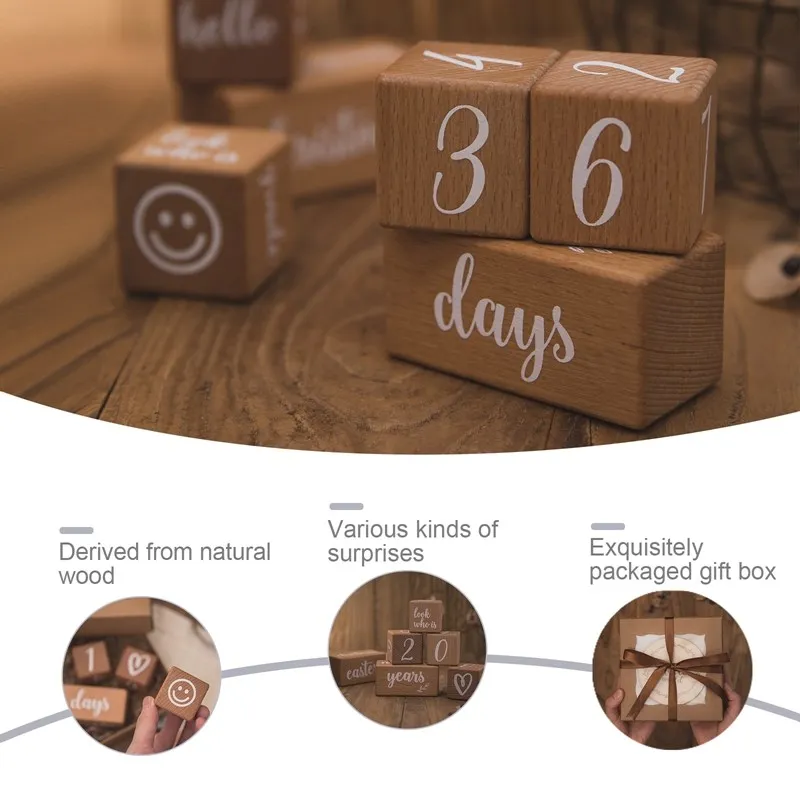1Set Baby Month Milestone Card Beech Wooden Blocks Square Engraved Stacking Toys Newborn Birth Month Birthday Photography Props