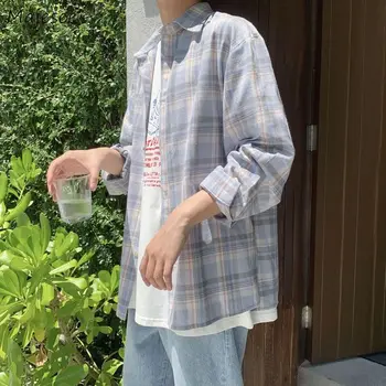 

Men Shirts Spring Summer Plaid Long Sleeves Single Breasted Korean Style Ulzzang Casual Students All Match Fashion Streetwear