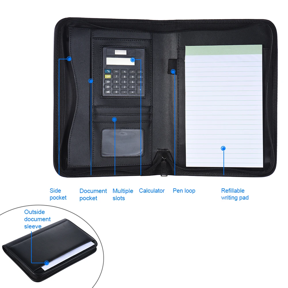 Портативный Профессиональный Бизнес портфель Padfolio папка для документов Чехол Органайзер A5 из искусственной кожи на молнии с застежкой держатель для карт