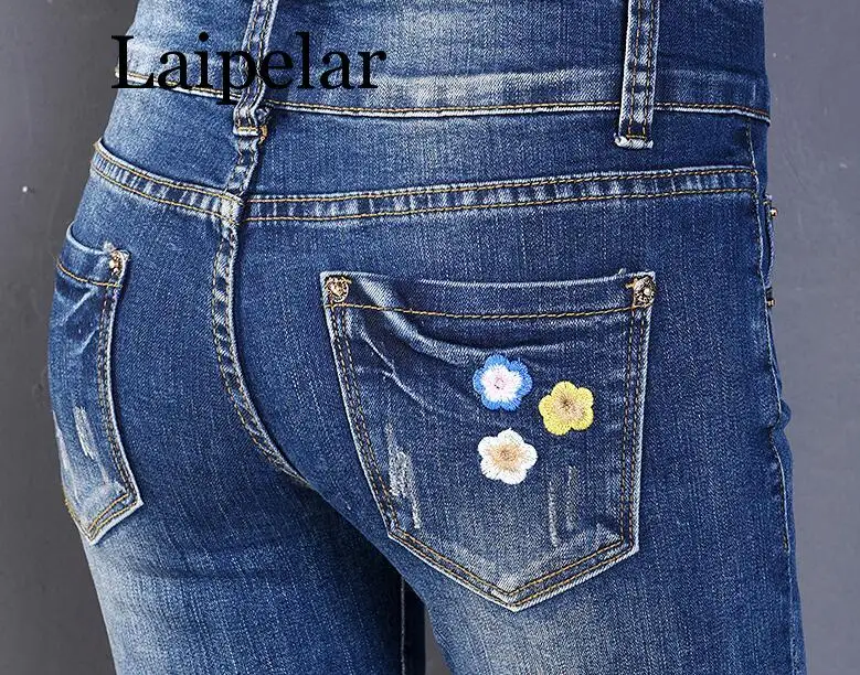 Осенние женские джинсы с цветочной вышивкой Pantalon Femme женские джинсы облегающие, брюки зимние джинсовые штаны джинсы-Карандаш Стретч