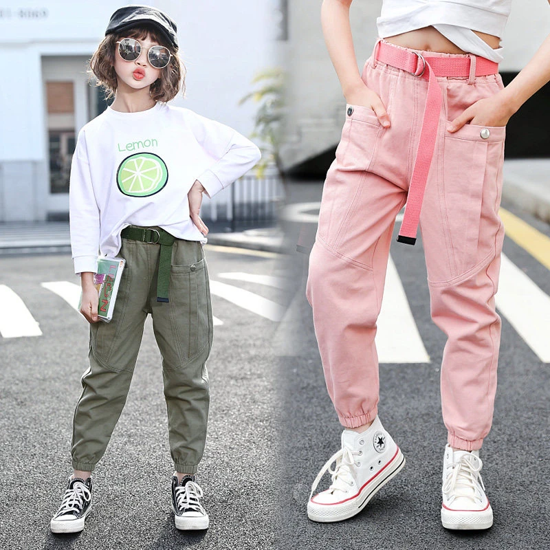 Pantalones Cargo informales para niños y ropa de calle de Color y negro, holgado con cinturón, 4, 8 y 12 años|Pantalones| - AliExpress