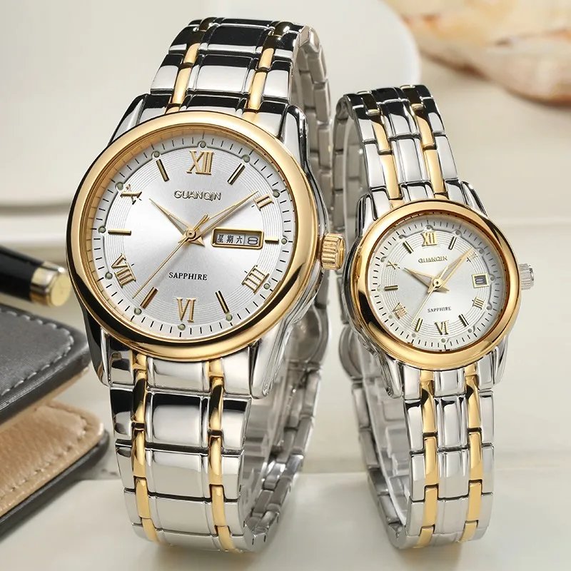 gold white GUANQIN, часы для пары, набор из нержавеющей стали,, мужские, женские, часы для влюбленных, дата, женские наручные часы, кварцевые, reloj, pareja hombre y mujer - Цвет: gold white