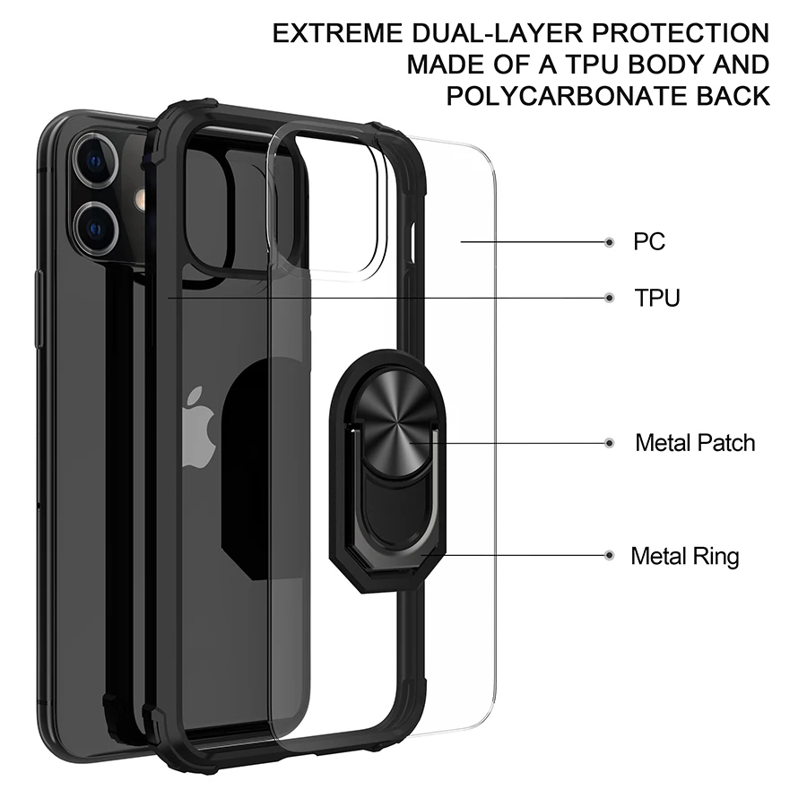 Luxury Shockproof Clear Phone Case For iPhone 12 Mini 11 Pro XR XS Max X 6 6S 7 8 Plus Magnetic Ring Stand Holder Silicone Cover