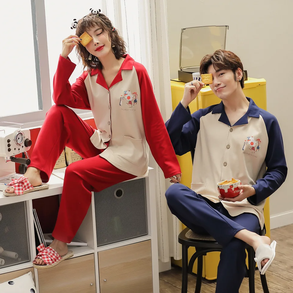 

Spring And Autumn New Products Couples Cardigan Pajamas 2019 Men V-neck Simple Home Wear WOMEN'S Long Sleeve Trousers Set
