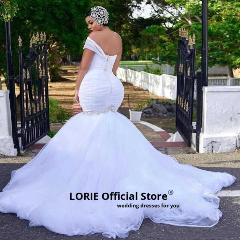 LORIE Свадебные платья с одним плечом Русалка Плюс Размер мягкий тюль с бисером африканская Невеста платья Белый vestido de noiva