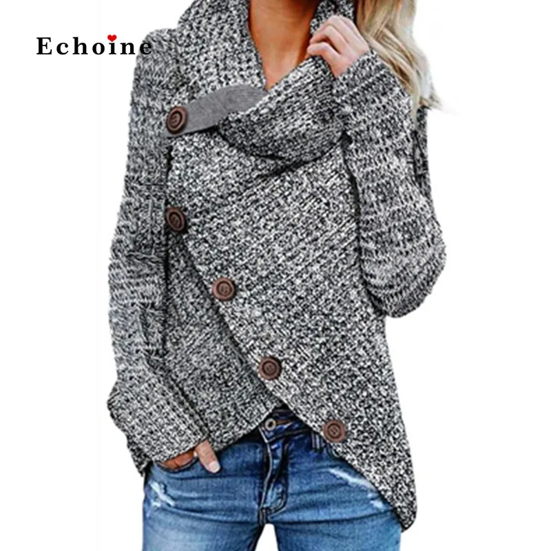 

Women Buttoned Wrap Turtleneck Sweater Knit Textured Pullover Long Sleeve Asymmetric Wrap Tops Outwear Highstreet Jumper Clothes