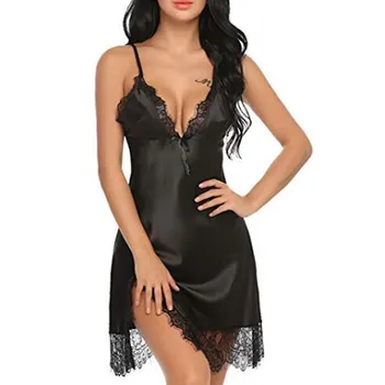 

Women Lingerie Mini Nightdress Sexy Silk Satin Lace Sleepwear Night Gown Dress Babydoll Nightdress Sleepshirts Nightwear *50