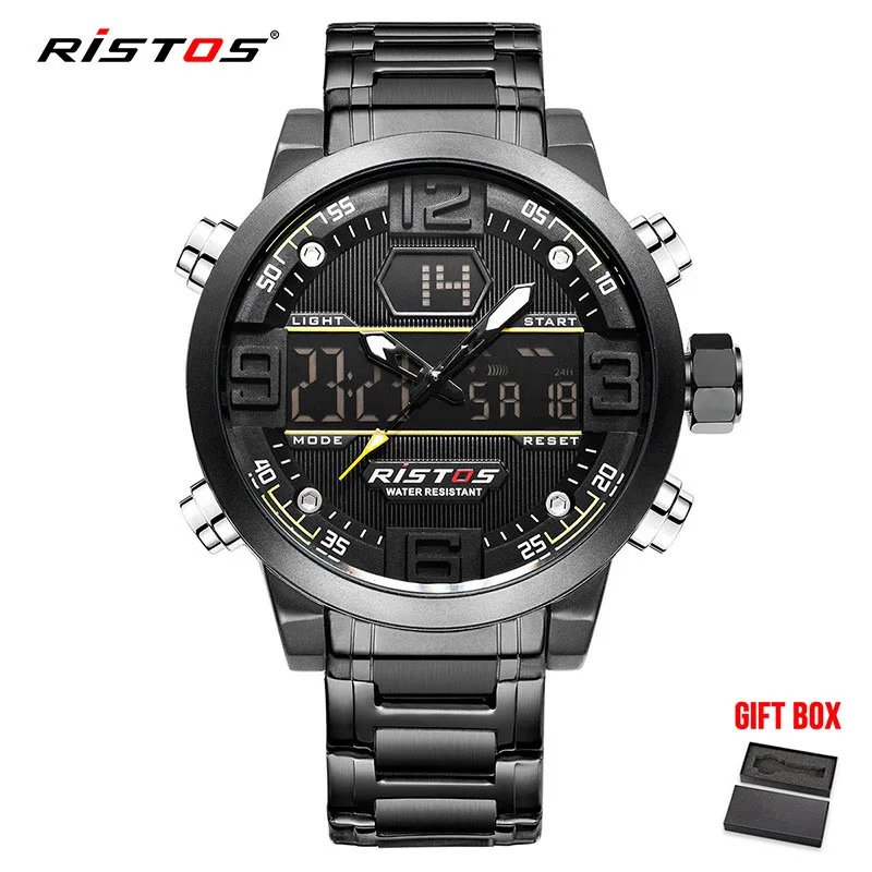 BlackYellow with Box Ristos модные Для мужчин Цифровые кварцевые часы Для мужчин на открытом воздухе Элитный бренд Водонепроницаемый Дисплей светодиодный аналоговые Наручные часы montre homme - Цвет: BlackYellow with Box