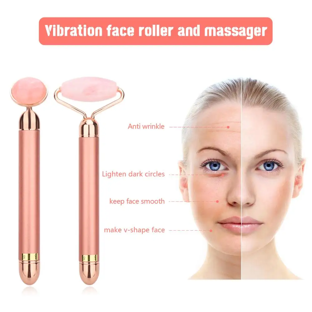Günstig Hot!!! neue Vibrierende Natürliche Rose Quarz Jade Roller Gesicht Heben Echt Echte Grüne Jade Stein Gesichts Roller Schönheit Massage Werkzeug