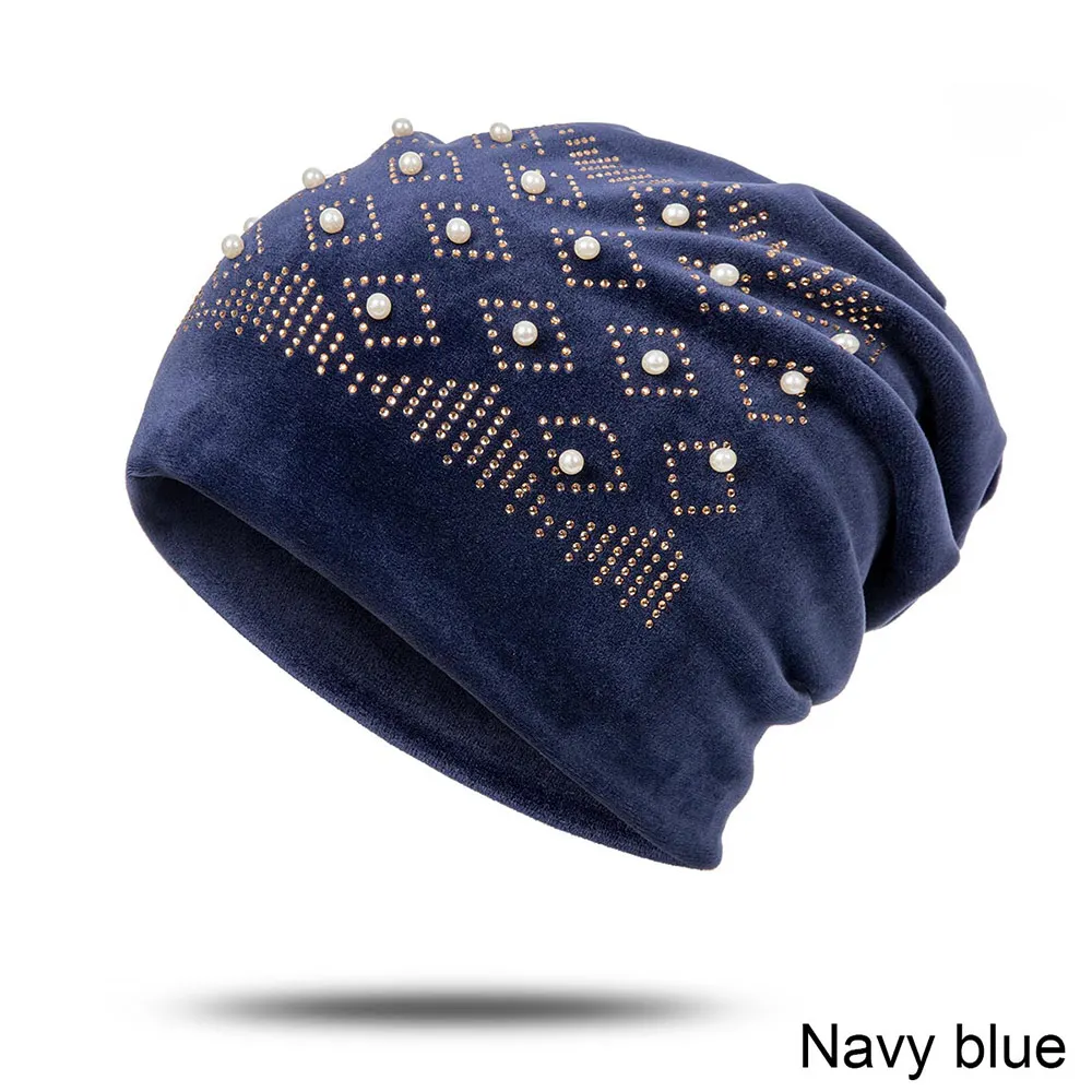 Новинка, женская зимняя шапка, роскошная бархатная теплая шапка Skullies Beanies, Женская Повседневная яркая шапка с жемчугом, женская шапка - Цвет: navy blue