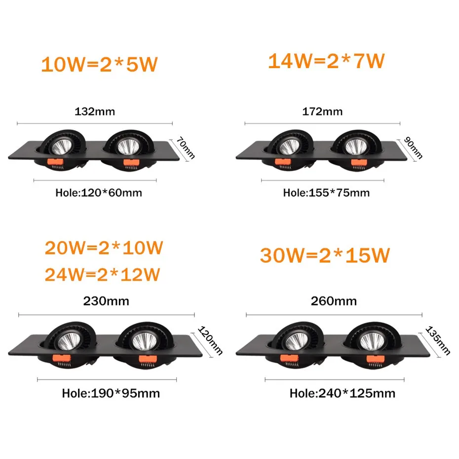 Двойная голова светодиодный потолочное утопленное пятно светильник 24 Вт 20 Вт 10 Вт встраиваемый светильник 360 градусов вращение Точечный светильник ing для кухни спальни