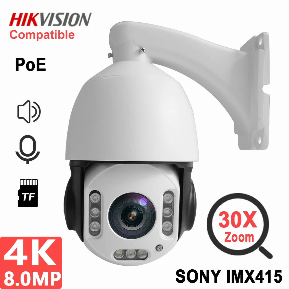 

8MP 4K IP PTZ CCTV Camera Outdoor 30X Zoom Onvif H.265 POE Two Way Audio Video Surveillance SD Card Slot Hikvision Compatible