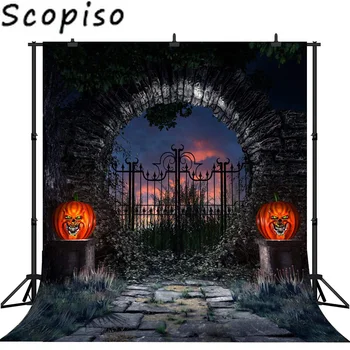 

Scopiso Photography Backdrops Scary Halloween Background Evil Pumpkins Door Night Background Photographic Photo Studio Prop