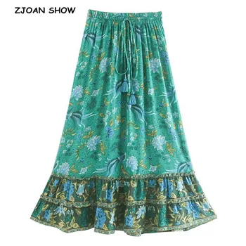 

2019 Bohemian Stitching wood ears Ruffles Skirt Vintage Women Lacing up Waist Tassel Waist Maxi Long Swing Skirts Green Femme