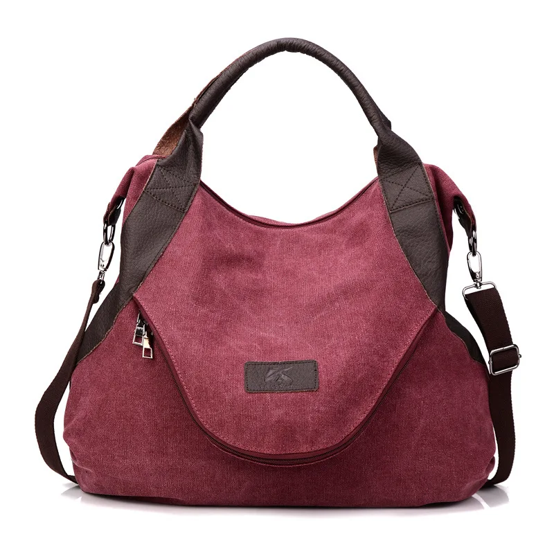 Retro Canvas Women Handbag Large Capacity Solid Shoulder Messenger Women's Bags Literary Simple Wild Casual Portable Bag - Цвет: Red wine