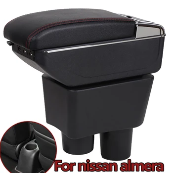

For nissan almera armrest box USB Charging heighten Double layer central Store content cup holder ashtray accessories
