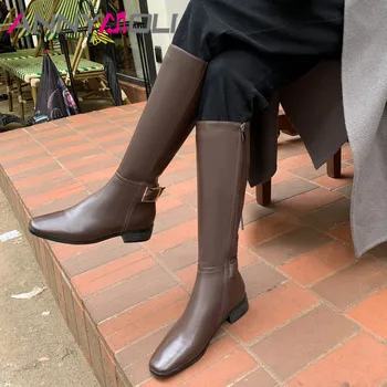

ANNYMOLI Real Leather Mid Heel Knee High Boots Riding Boots Women Shoes Square Toe Block Heels Zip Buckle Long Boots Lady Brown