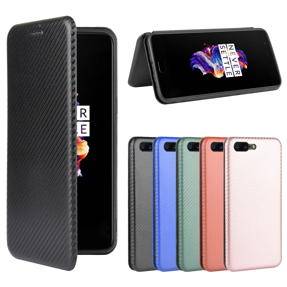 For OnePlus 5 Case 5.5 inch Carbon Fiber Flip Leather Case For OnePlus 5 Business Magnetic Wallet Card Slot Slim Cover