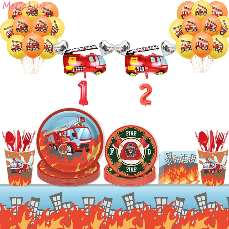 

Fireman Theme Disposable Tableware Child Birthday Decorative Stickers Fire Truck Swirl Ornament Boy Baby Shower Party Supplies