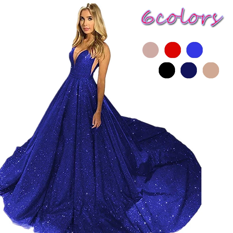 

Summer Ladies Deep V Sexy Backless Dress Gilded Mesh Large Swing Dress Banquet Dress 6 Colors