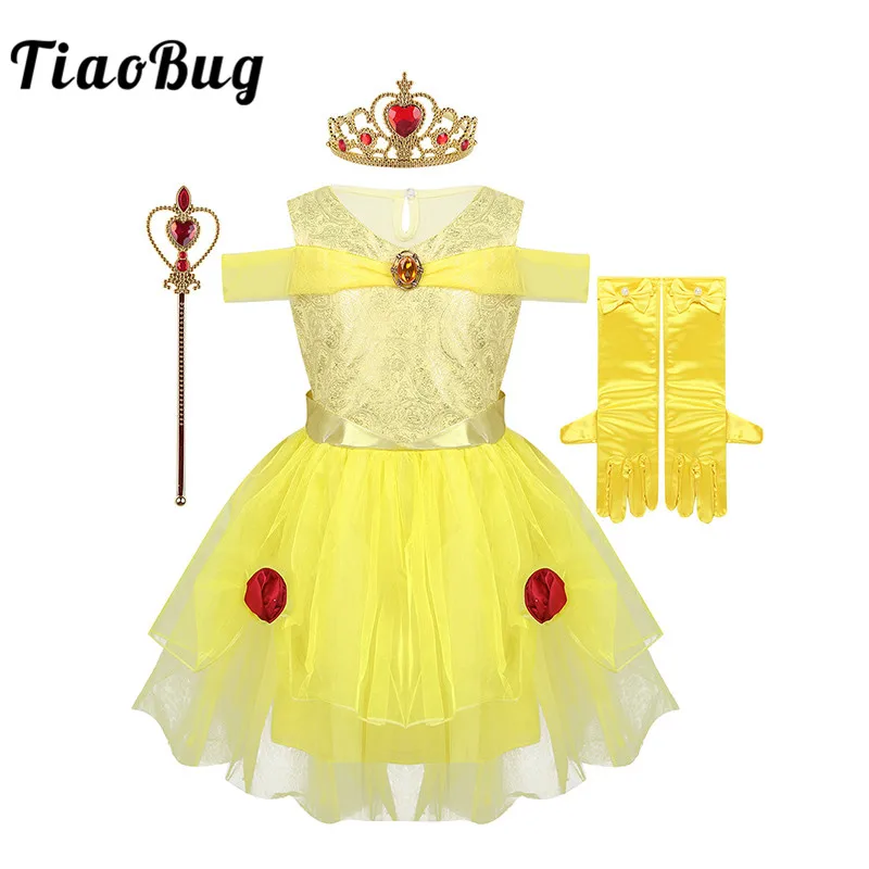 TiaoBug/нарядное платье принцессы для девочек с короной, тиара, комплект перчаток для дня рождения, косплей, вечерние костюмы для детей на Хэллоуин
