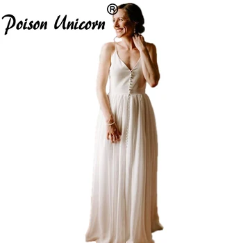 

New Elegant Beach Boho V-Neck Buttons Chiffon A-Line Wedding Dresses 2020 Celebrity vestido De Noiva Bridal Gowns robe de mariee