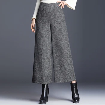 

Pants Women Wide-Leg Pants New Autumn Winter Woolen Pants lattice Trousers High Waist Pants Plus Size 4xl Women Culottes 668A