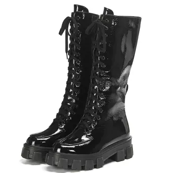 

Red Black Autumn Long Boots Women Genuine Leather Knee High Boots Fashion Round Toe Martin Boots Woman Zipper Platform Boots