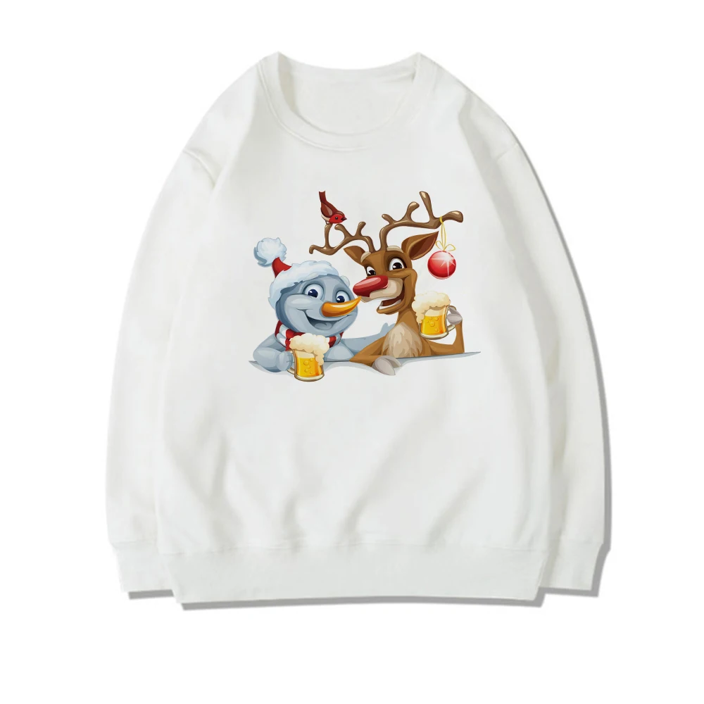 

Reindeer And Snowman Graphic White Warm Hoodies For Women Merry Christmas Sweat Oversize Casual Sweatshirts White Top