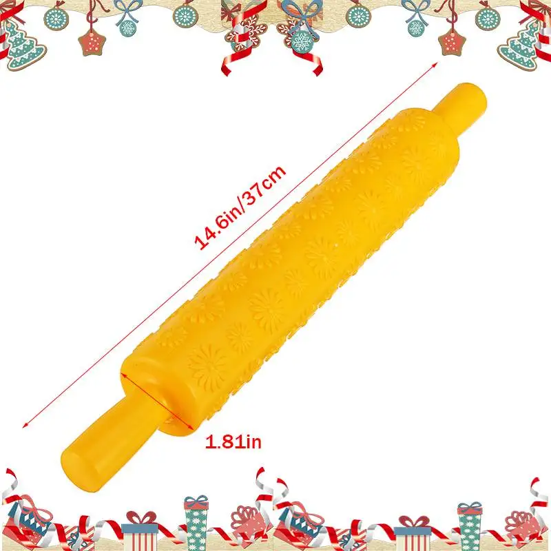 Newest 37cm Christmas Embossing Rolling Pin Baking Cookies Noodle Biscuit Fondant Cake Yellow Dough Engraved Roller