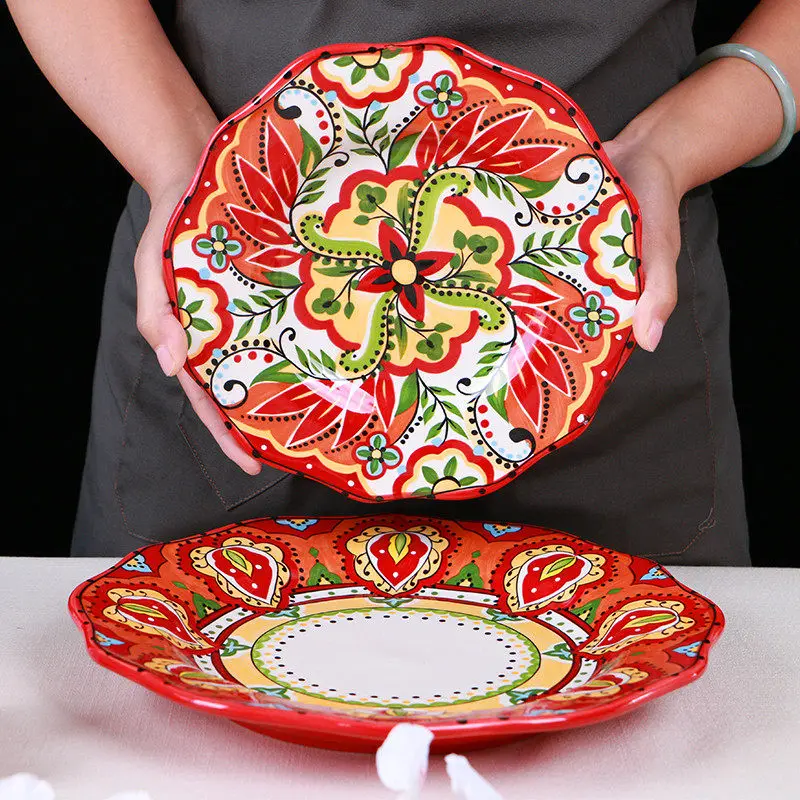 Ceramic Steak Plates Porcelain Dishes Kitchen Dinnerware Wedding Gifts Birthday Presents West Asian Style Flower & Bird 9 Inches