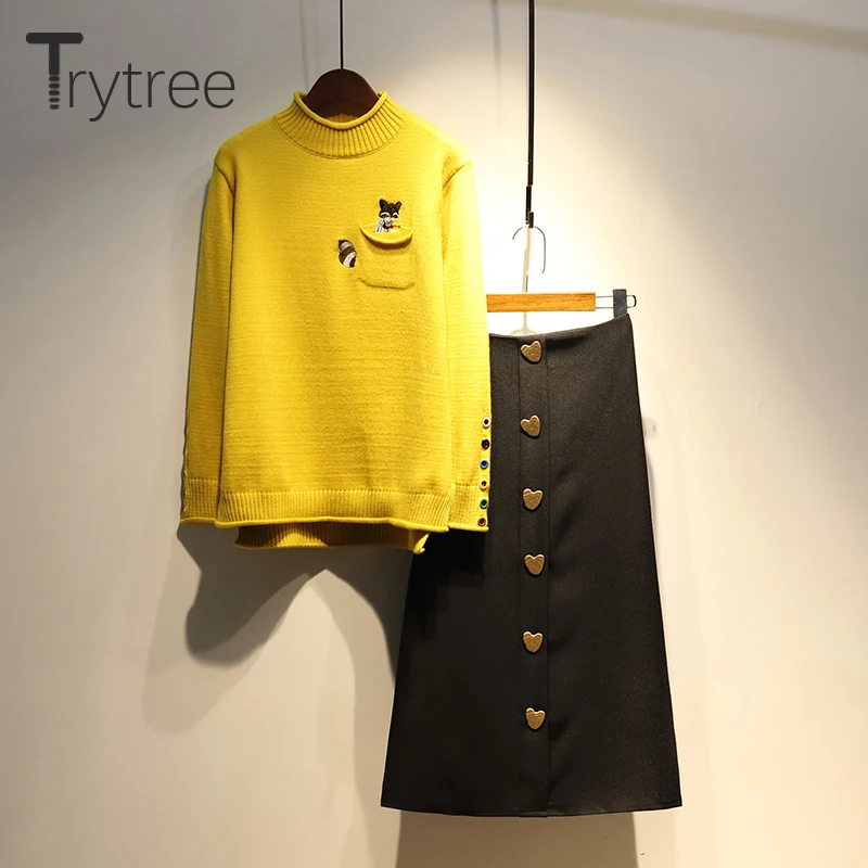 Trytree/осенне-зимний женский костюм из двух предметов, Повседневная водолазка, топы с карманами+ пуговица для юбки, офисный Женский комплект из 2 предметов, до середины икры