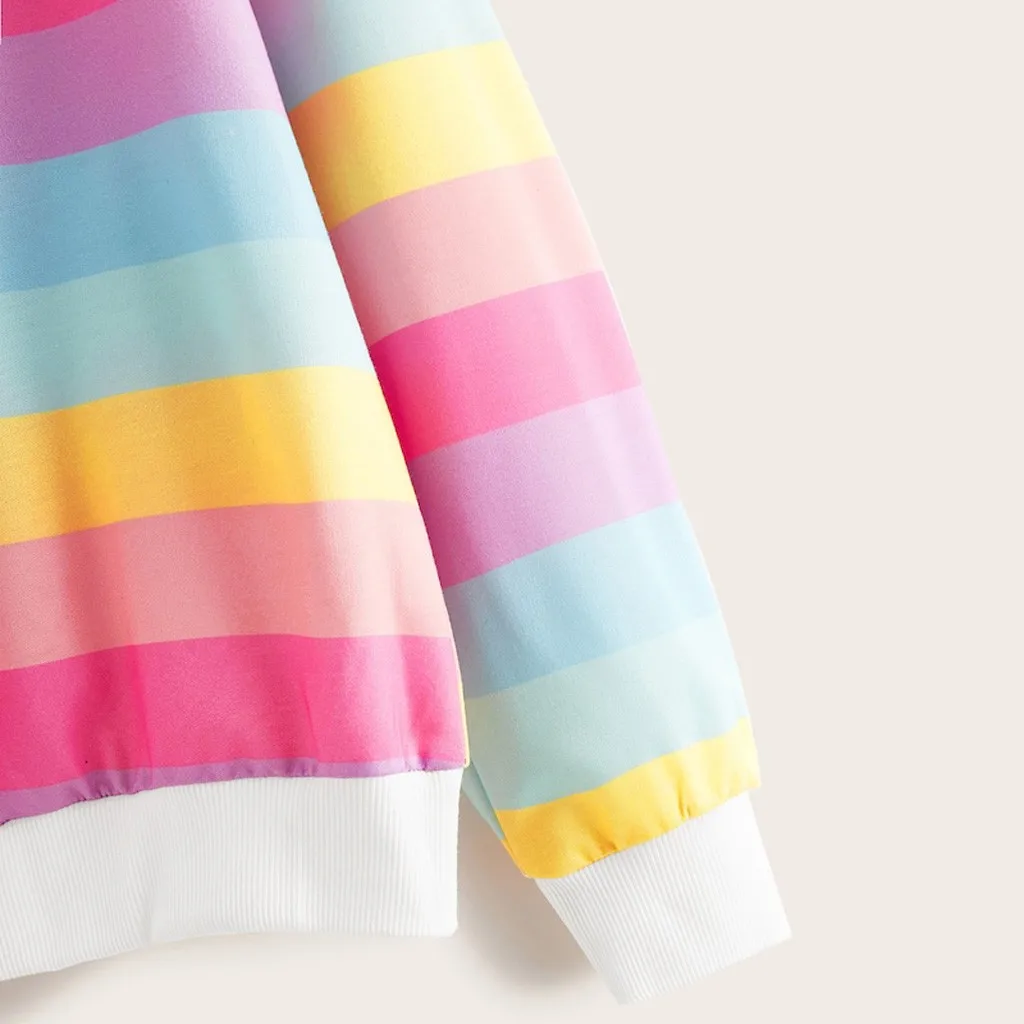 Loose PulloveráSweatshirts Autumn Winter Striped Print Hoodie Sweatshirt Jumper Long Sleeve Outwear Blouse Female Feminine Tops