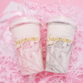 

50pcs High quality bronzing milk tea cup 500ml disposable coffe cup creative marble net red soy hot drink paper cups with lid