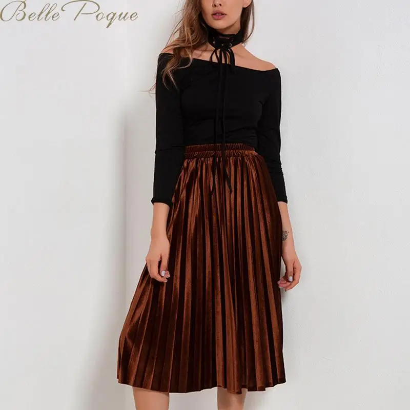 Belle Poque, новинка, плиссированная юбка миди, высокая талия, Elascity,, Женская длинная Серебряная Повседневная, вечерние, винтажная юбка