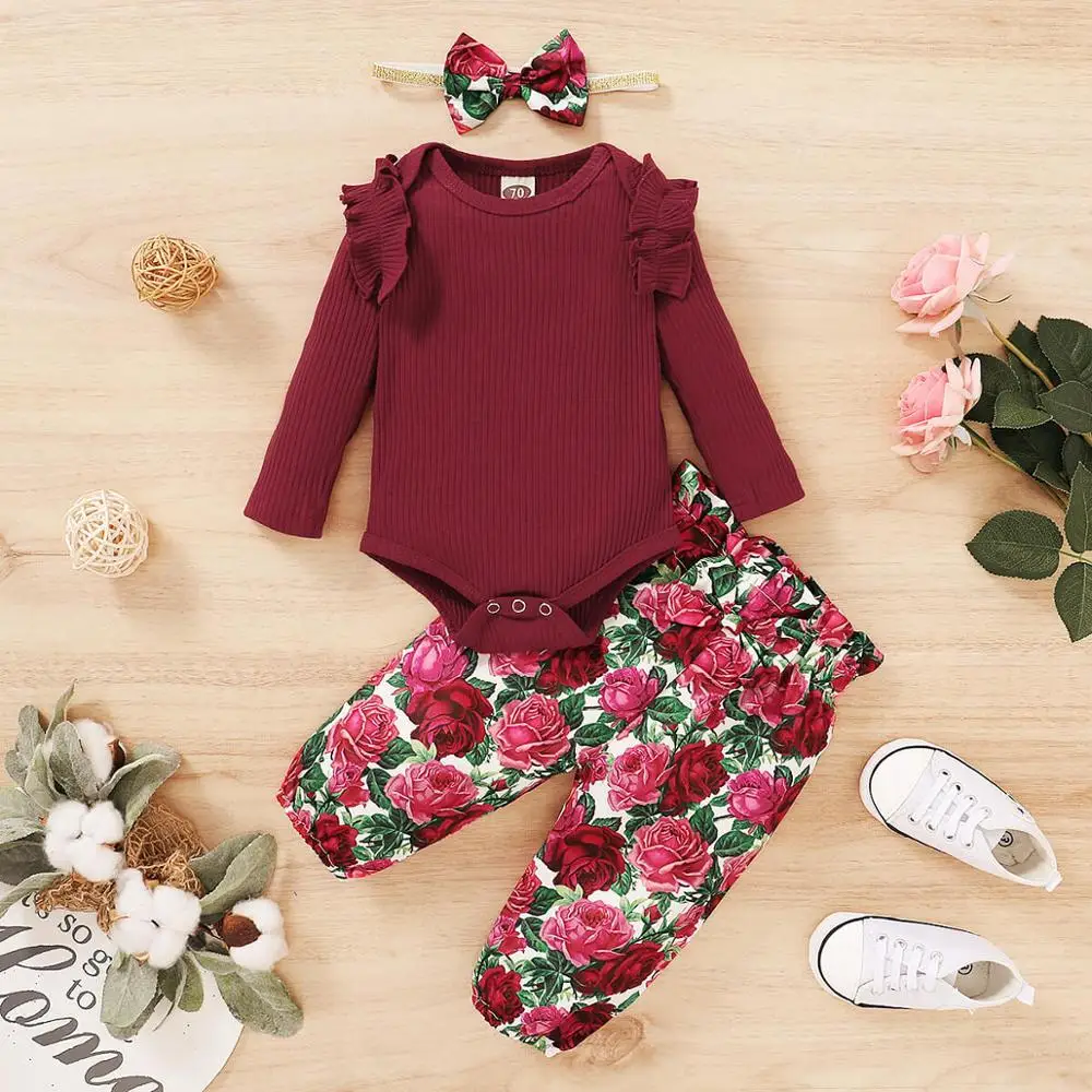 

Fall Baby Girl Clothes 12-18 Months Solid Pink Long Sleeve Romper Rose Floral Pants WIth Headband 3PCS Toddlers Kids Outfits