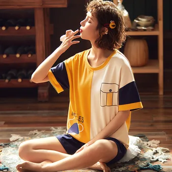 

Cute Print Women Pajamas Set Sleep Set Summer Casual Loose 2pcs Nightwear Sleepwear Soft Cotton Bathrobe Home Clothes Pajamas