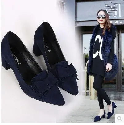 

2019 Autumn New Style Korean-style Versatile Bow Pointed-Toe Single Shoes Semi-high Heeled Fairy Gentle Shoe Chunky-Heel Shoes