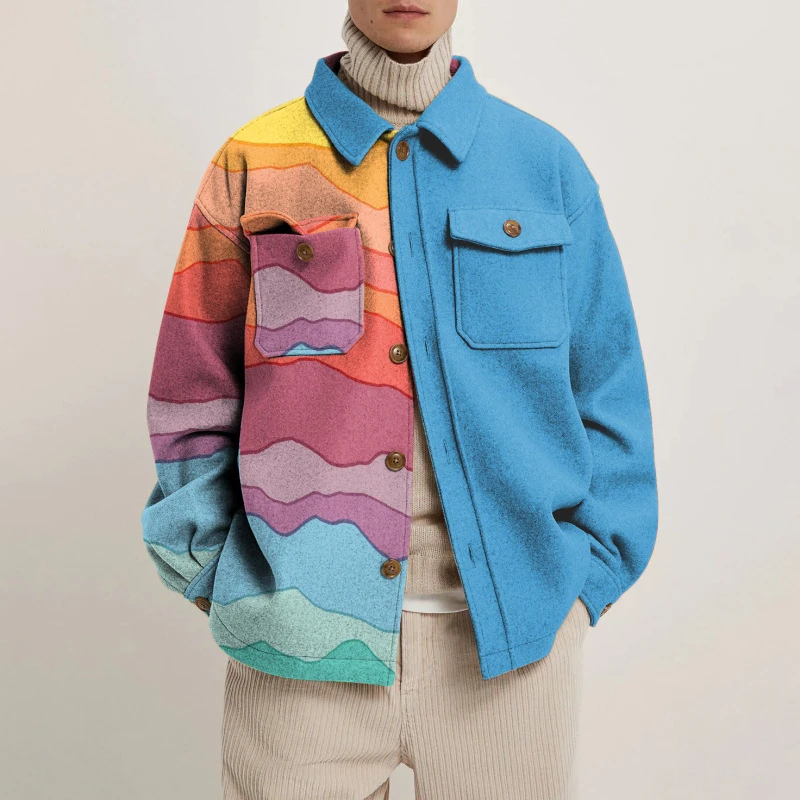 2021 Autumn Winter Fashion Abstract Printed Loose Coats Men New Casual Streetwear Hipster Men's Turn-down Collar Buttoned Jacket | Мужская