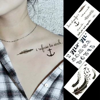 

Waterproof Temporary Tattoo Sticker black feather personalized English small tatto flash tatoo fake tattoos for women men