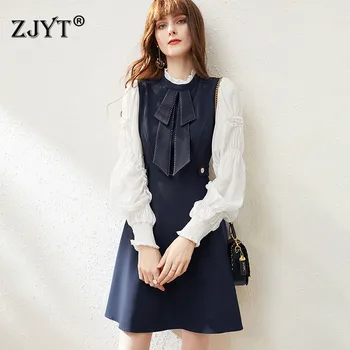 

2020 Women Spring Dress Runway Designers Elegant Lantern Sleeves Bowknot Decration Patchwork Casual Aline Dress Female Vestidos