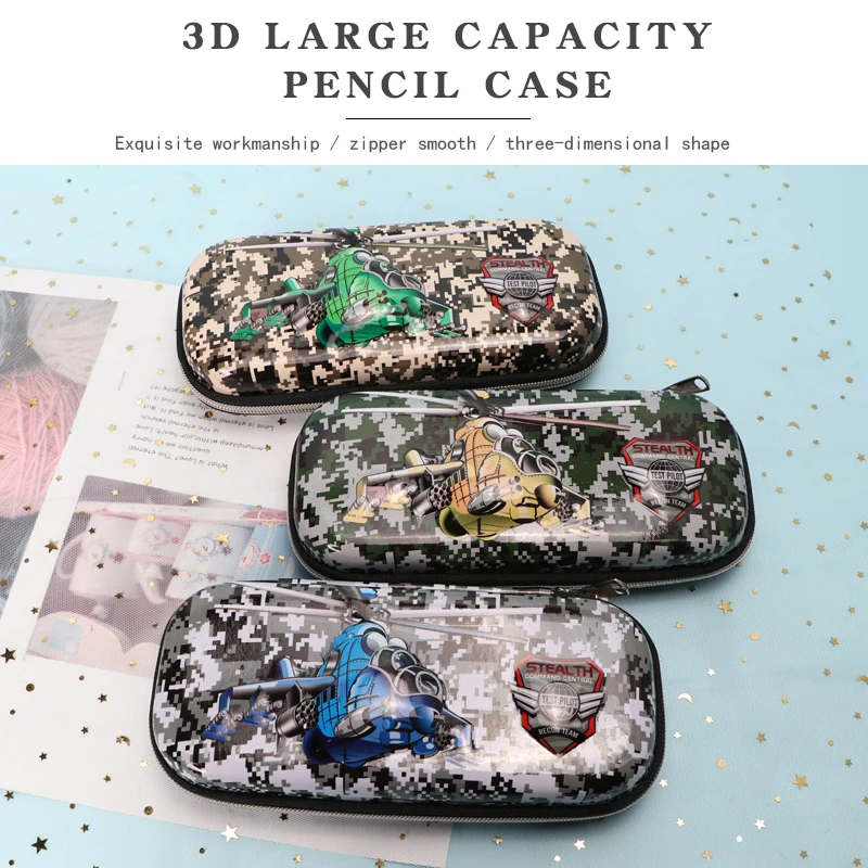 

3D students pencilcase army Helicopter camouflage school double sided boy two zip pencil case