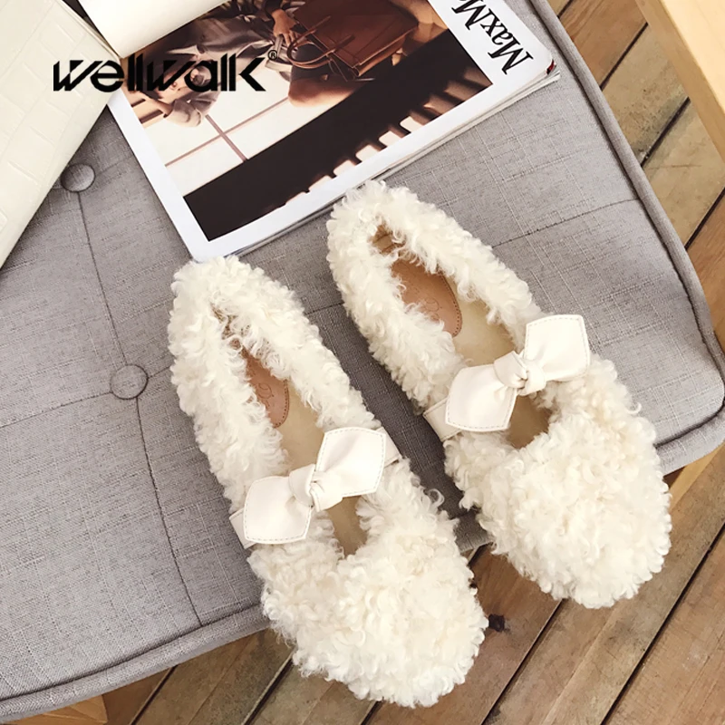 

Bow Strap Fur Shoes Women Winter Furry Moccasins Round Toe Female Winter Indoor Flats Ladies Warm Ballerinas Luxury Size 34-40