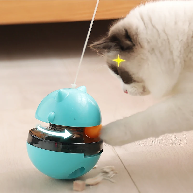 Cat Slow Feeder Ball Cat Tumbler with 2 Retractable Cat Toy, Adjustabl