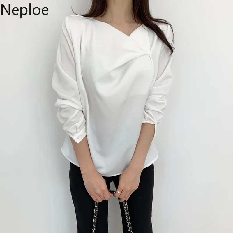 Neploe, Корейская плиссированная дизайнерская блузка с v-образным вырезом и длинными рукавами, шикарная осенне-Весенняя Новинка, пуловер, блуза, тонкая рубашка 48444