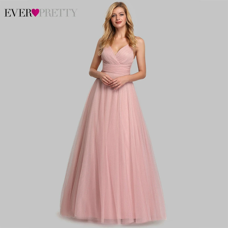 Милые розовые платья подружки невесты для женщин Ever Pretty EP07905PK А-силуэт v-образный вырез Тюль блестящие свадебные платья для гостей Sukienki Weselne